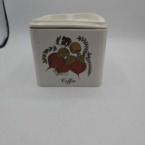 Vintage Coffee Tin with Mushrooms, Vegetables and Lid White and Cream